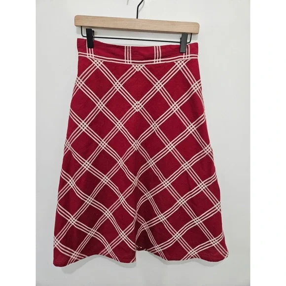 eShakti Red White Plaid A-Line Midi Skirt with Pockets Size 8 Medium Cotton - Picture 1 of 8